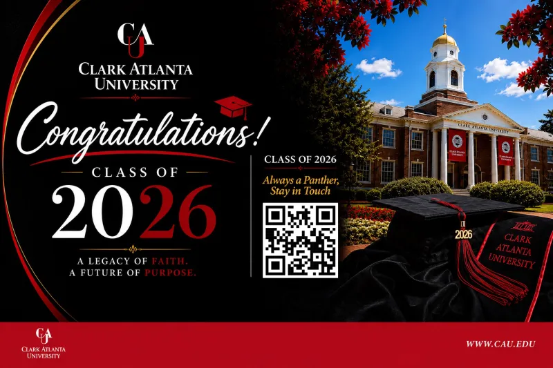 Clark Atlanta University logo with graduation caps and school building in the background.