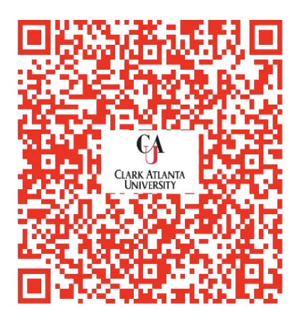 Red QR code with Clark Atlanta University logo.
