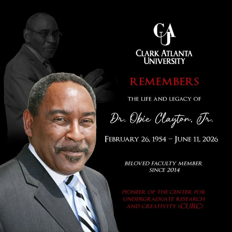 Clark Atlanta University tribute to Dr. Obie Clayton Jr., includes his portrait.