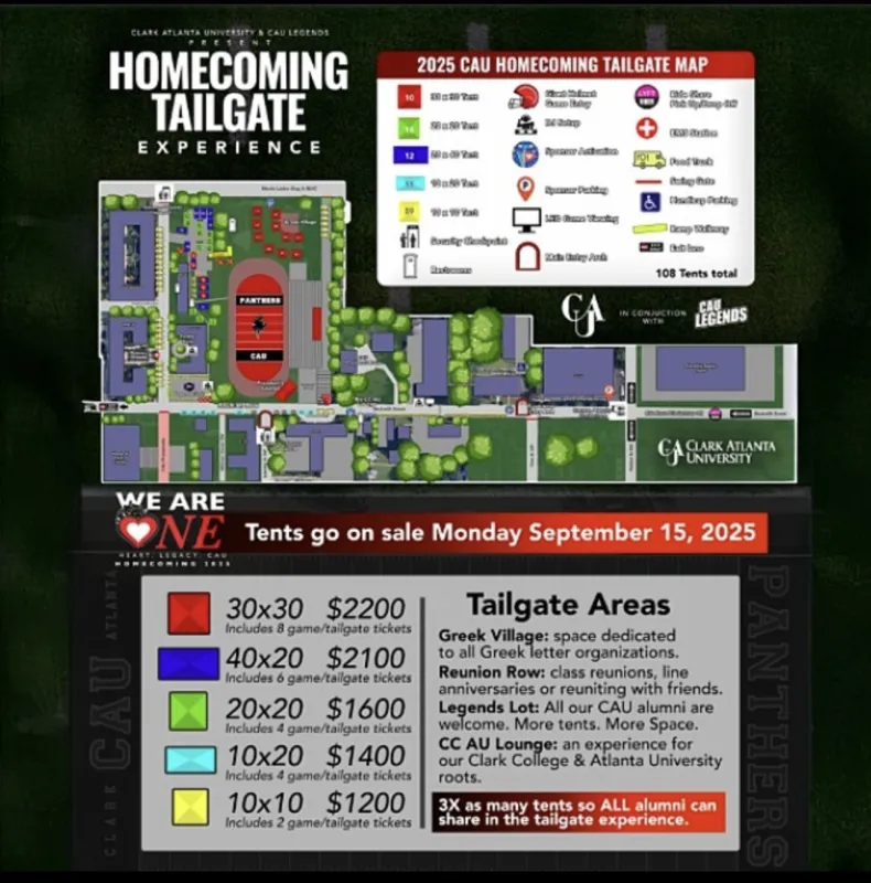 Campus map for a homecoming tailgate event with pricing and area details.