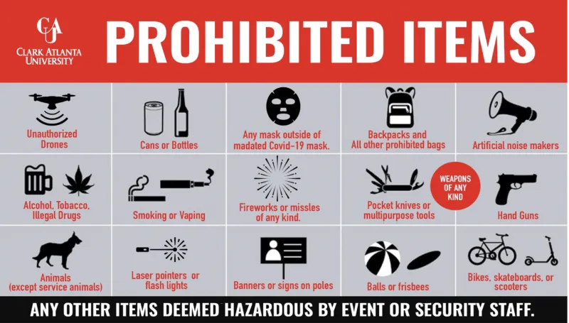 Prohibited items graphic with icons and labels for each.