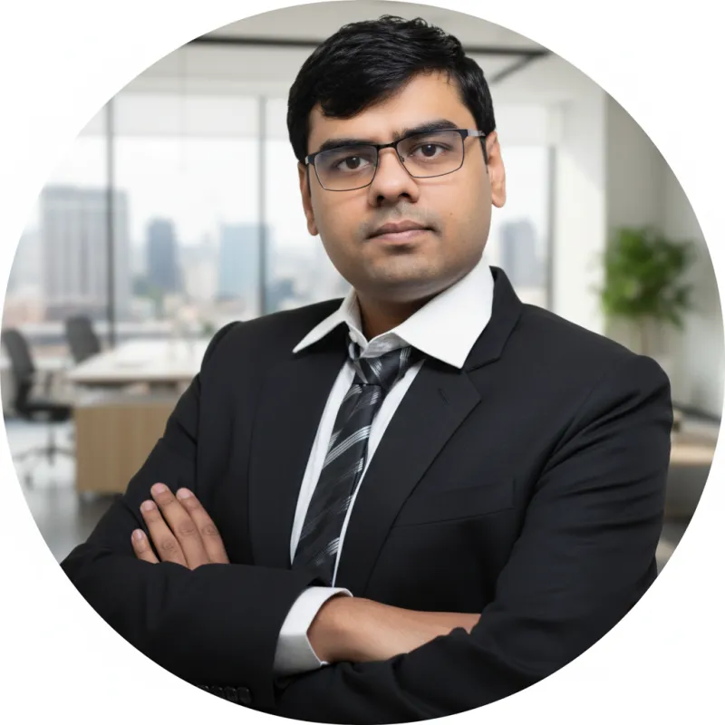 Man in a suit with glasses, arms crossed, in a modern office setting.